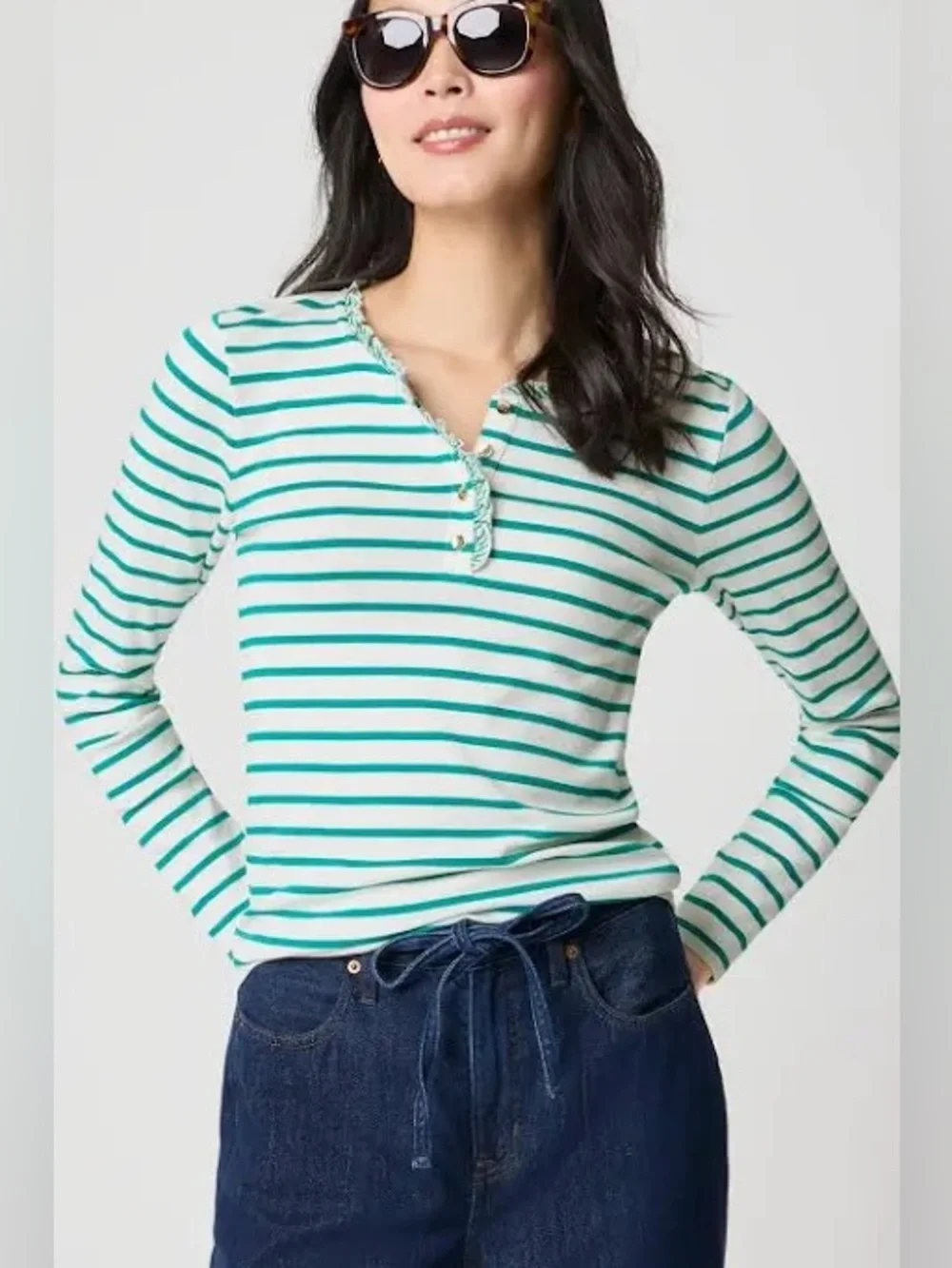 J. Crew Striped Green and White Ruffleneck Henley Top small